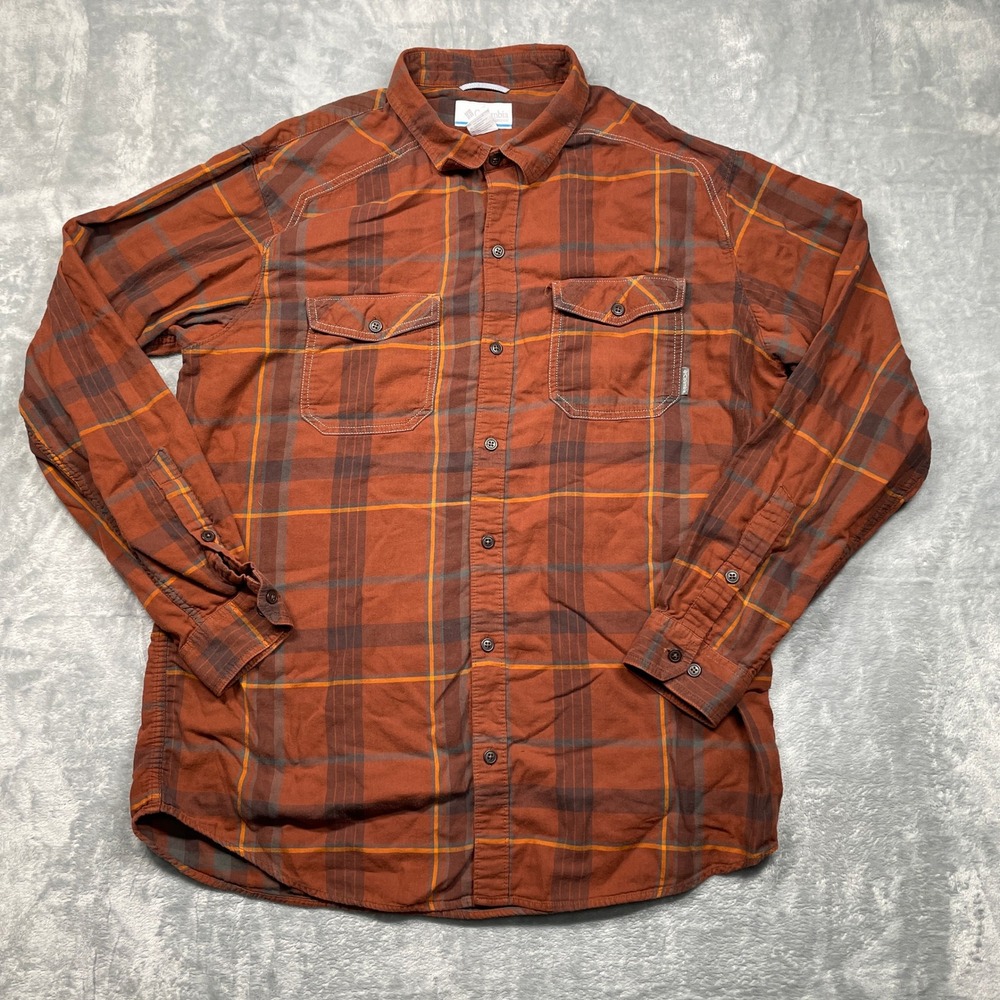 Columbia Button Up Shirt Mens XL Rust Orange Plaid Long Sleeve Cotton Flannel